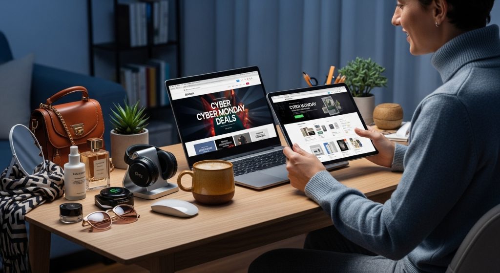 사이버먼데이에 집에서 편안하게 노트북과 태블릿으로 IT 기기와 의류 등의 온라인 쇼핑 딜을 탐색하는 사람의 모습.