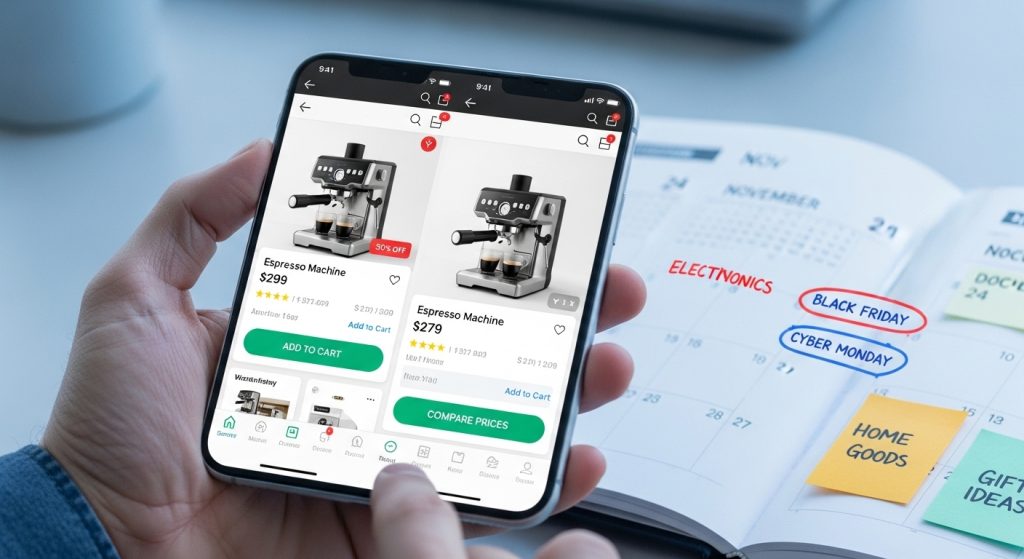 스마트폰으로 여러 쇼핑 앱의 가격을 비교하며 블랙프라이데이와 사이버먼데이 쇼핑을 전략적으로 계획하는 모습.