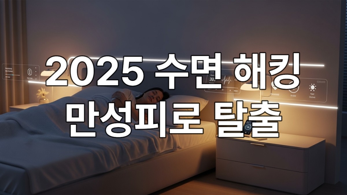 2025년 미래형 침실에서 숙면을 취하는 사람의 모습, 스마트 조명과 수면 추적기가 있어 편안하고 건강한 수면 환경을 보여줍니다.