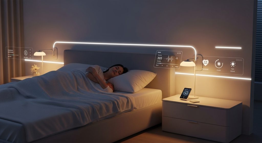 2025년 미래형 침실에서 숙면을 취하는 사람의 모습, 스마트 조명과 수면 추적기가 있어 편안하고 건강한 수면 환경을 보여줍니다.