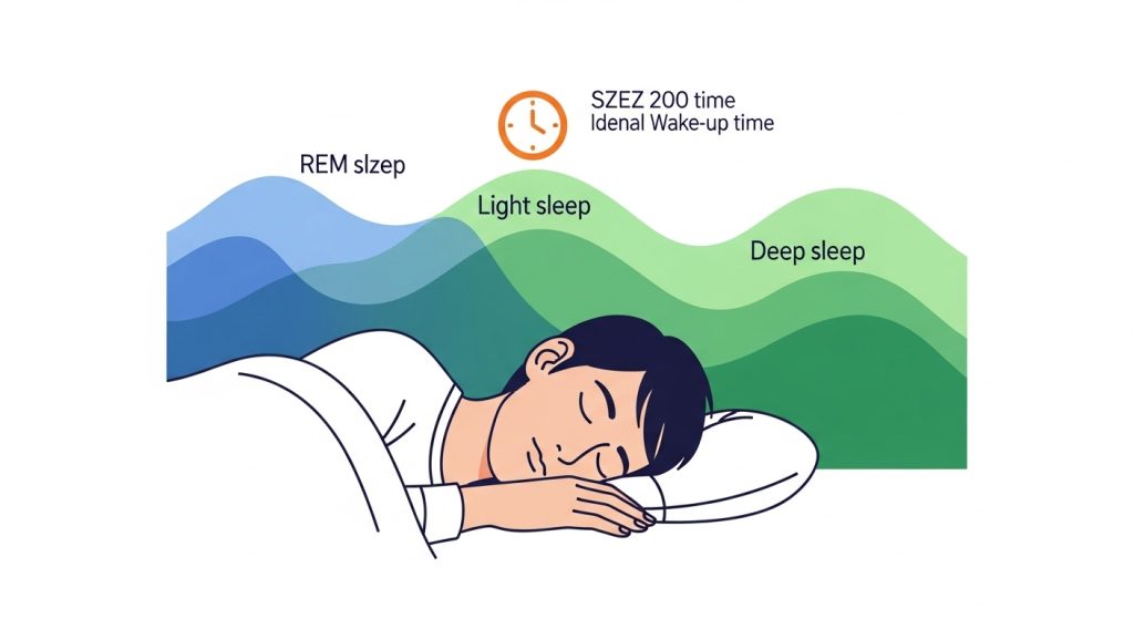 수면 주기를 시각적으로 보여주는 인포그래픽, 얕은 잠 단계에서 개운하게 일어나는 이상적인 시점을 나타냅니다.