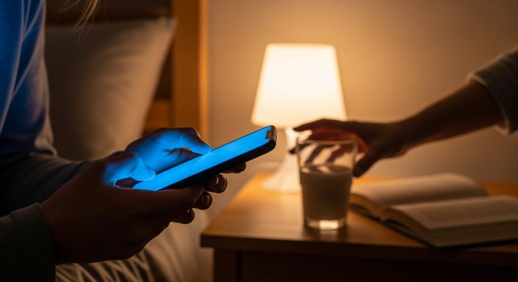 어두운 침실에서 스마트폰 블루라이트를 피하고 따뜻한 우유를 마시며 숙면을 준비하는 모습입니다.