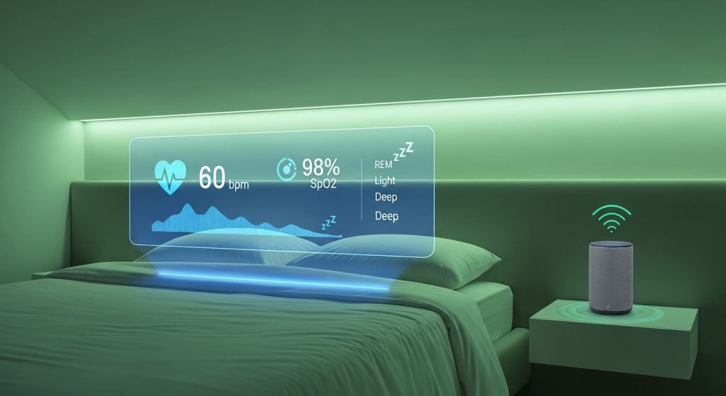 스마트 기술이 접목된 미래형 침실, 홀로그램으로 수면 데이터가 표시되고 스마트 조명이 숙면 환경을 조성합니다.