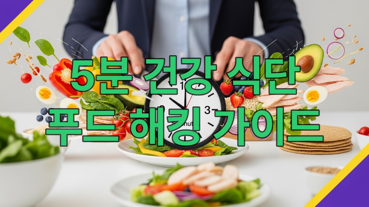 시계와 신선한 건강 식재료들이 빠르게 조합되는 모습을 보여주며, 바쁜 현대인을 위한 5분 식단 푸드 해킹의 역동성을 강조하는 이미지.