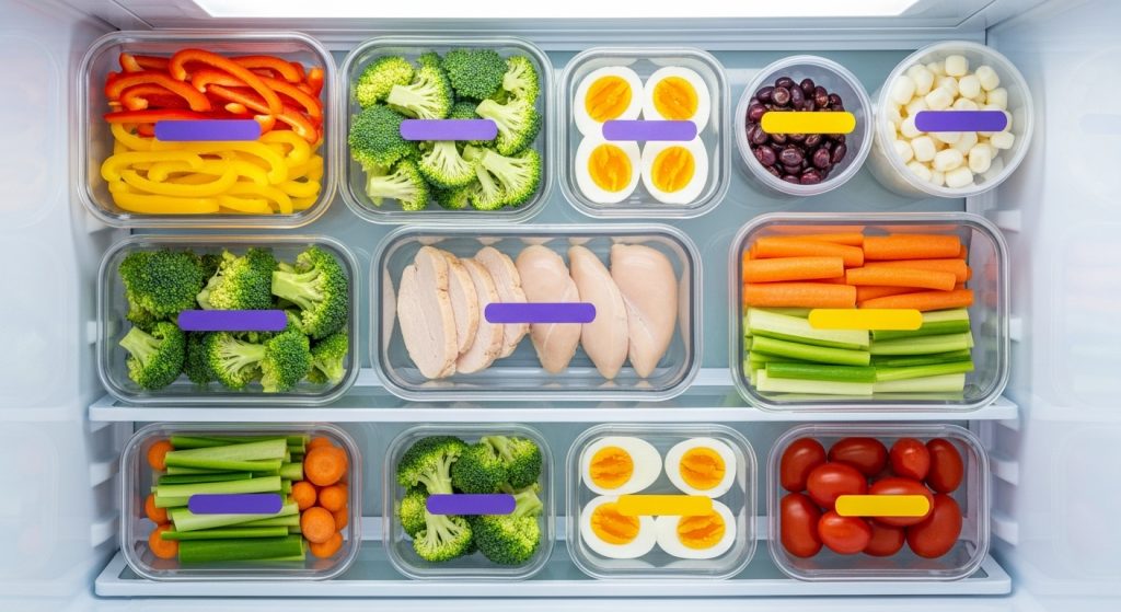 투명 용기에 가지런히 정리된 미리 손질된 채소, 닭가슴살, 삶은 계란 등 식재료가 보이는 잘 정돈된 냉장고 내부.
