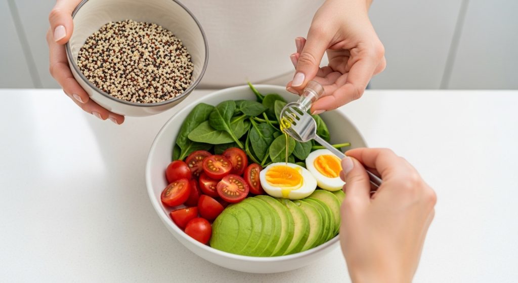 그릇에 퀴노아, 시금치, 체리 토마토, 아보카도, 삶은 계란이 담겨 있고 올리브 오일을 뿌리는 손이 보이는 노-쿡 건강식.