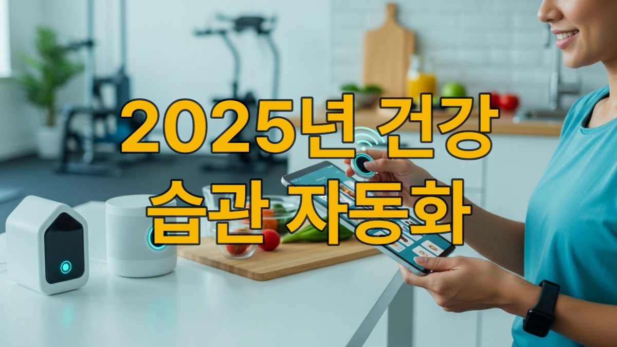 2025년 스마트 기기와 건강 앱으로 운동, 식단, 수면을 자동 관리하며 평온하게 웃고 있는 사람의 모습