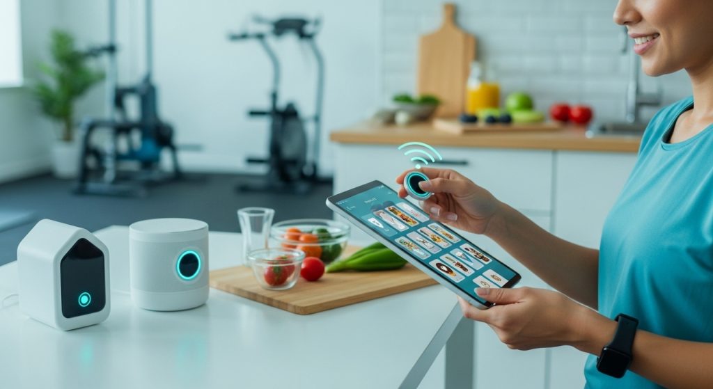 2025년 스마트 기기와 건강 앱으로 운동, 식단, 수면을 자동 관리하며 평온하게 웃고 있는 사람의 모습