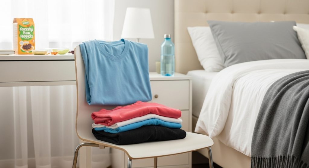 아침에 바로 운동할 수 있도록 침대 옆에 놓인 운동복과 물병, 건강 간식이 준비된 깔끔한 침실.