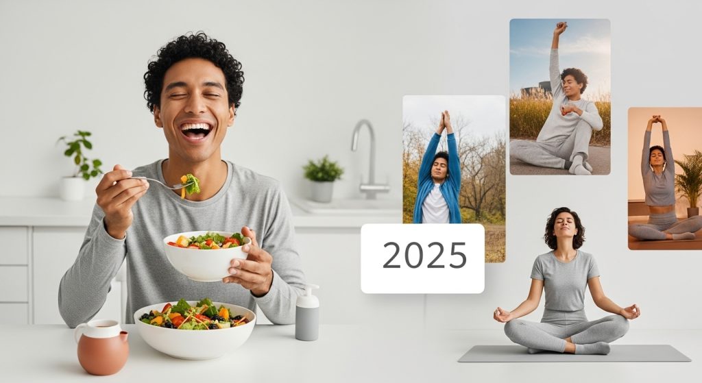 2025년 환절기, 건강한 식단, 운동, 숙면으로 면역력을 강화하며 활기찬 일상을 보내는 사람의 모습