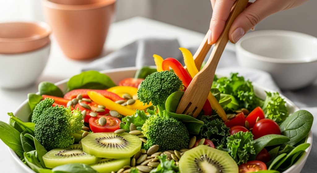 신선한 브로콜리, 파프리카, 키위 등이 담긴 알록달록한 면역력 강화 샐러드 볼