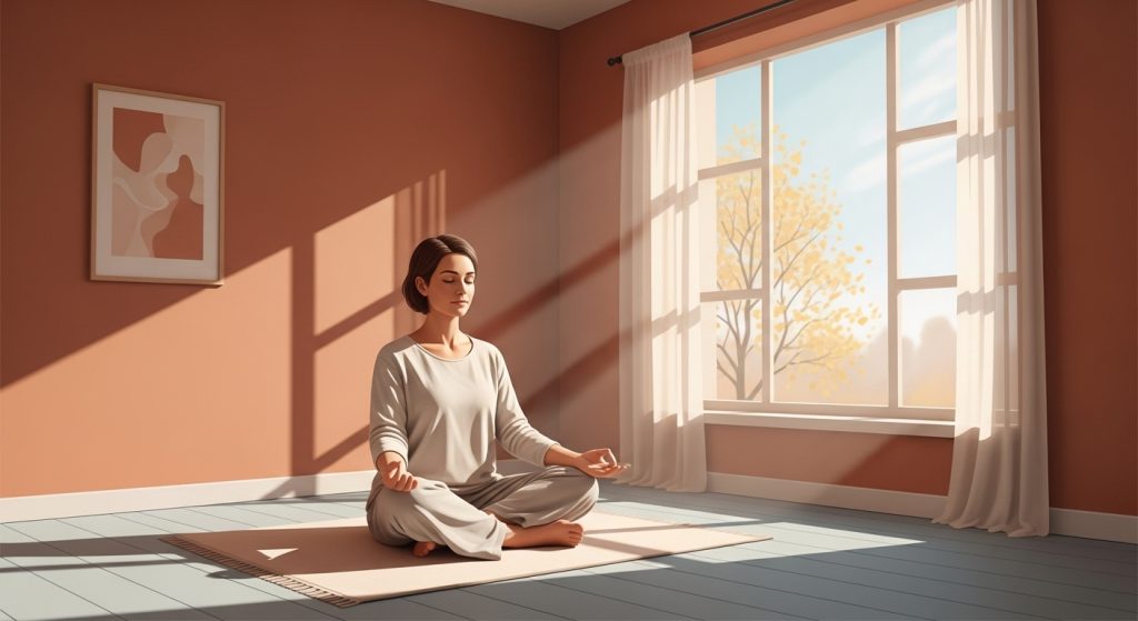 고요한 공간에서 요가 또는 명상을 하며 스트레스를 해소하고 마음을 다스리는 사람의 모습
