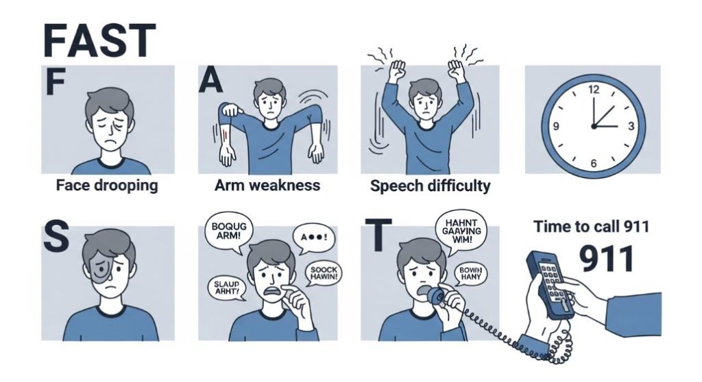 뇌졸중 전조 증상 'FAST'를 시각적으로 보여주는 그림. 얼굴 마비, 팔 마비, 언어 장애, 응급 전화.