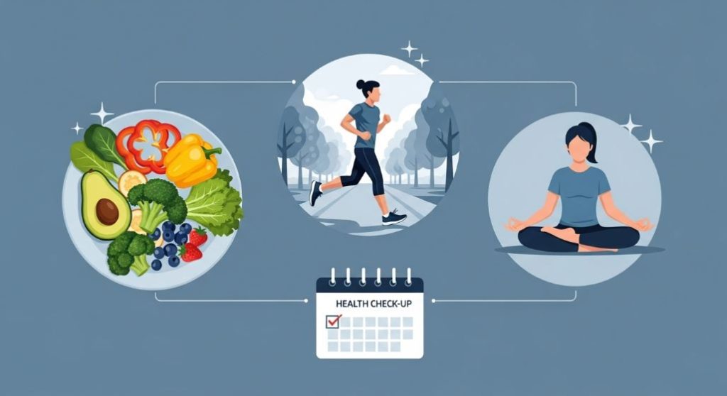 뇌졸중 예방을 위한 건강한 생활 습관을 나타내는 그림. 운동, 건강한 식단, 스트레스 관리, 건강 검진.