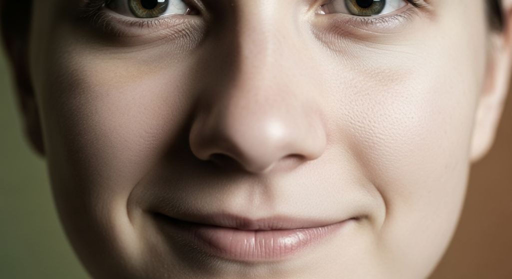 한쪽 입꼬리가 미세하게 처진 얼굴을 클로즈업하여 뇌졸중으로 인한 얼굴 마비를 암시하는 이미지