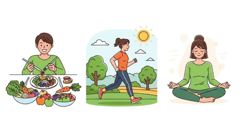 뇌졸중 예방을 위한 건강한 생활 습관을 보여주는 일러스트. 신선한 음식을 먹고 운동하며 스트레스를 관리하는 사람들의 모습.
