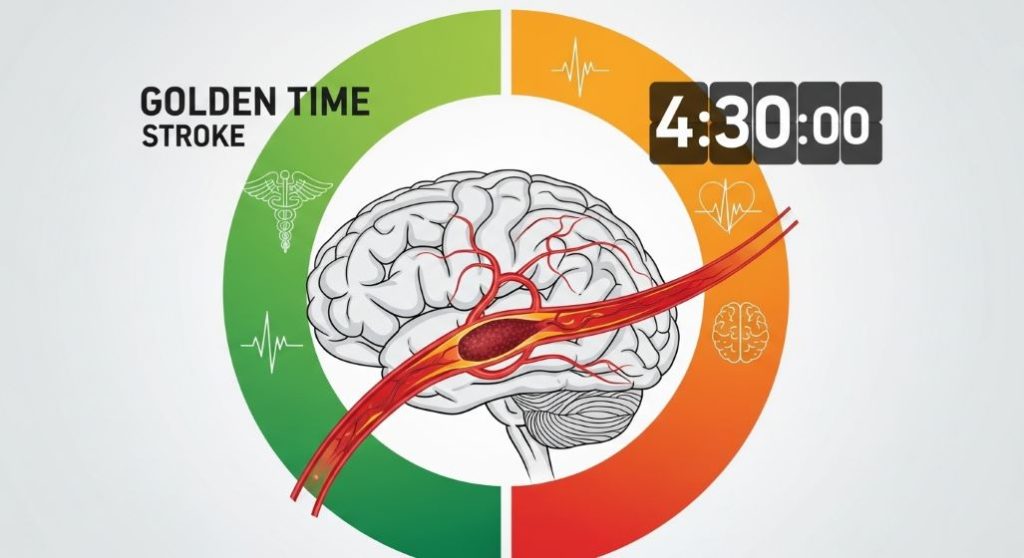 뇌졸중 치료의 골든타임을 시각적으로 표현한 도표. 막힌 혈관과 시간이 촉박함을 나타내는 시계가 그려져 긴급성을 강조.