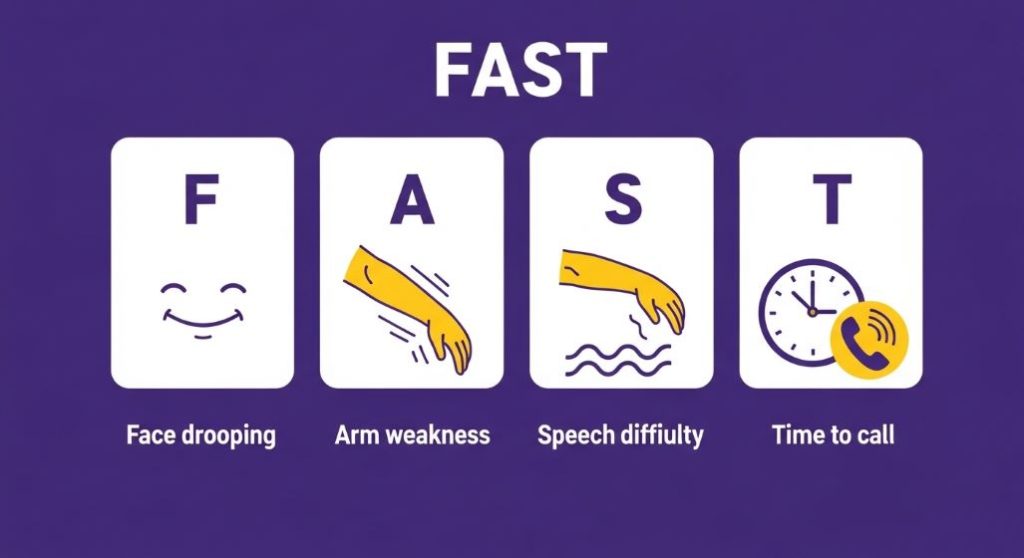 뇌졸중 전조 증상 FAST (얼굴 마비, 팔 마비, 언어 장애, 시간)를 설명하는 인포그래픽