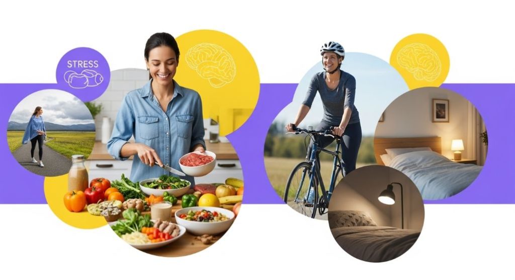 뇌졸중 예방을 위한 건강한 식단, 규칙적인 운동, 스트레스 관리가 조화된 모습