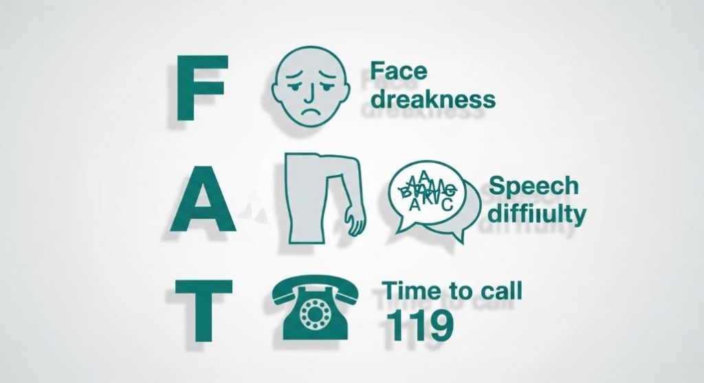 뇌졸중 전조 증상 자가 진단법 FAST 캠페인, 얼굴 마비, 팔 마비, 언어 장애, 시간의 중요성을 나타내는 그림