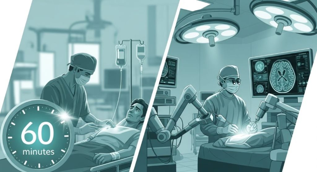 뇌경색의 초기 치료인 혈전용해술과 혈전제거술 과정을 설명하는 의료 일러스트