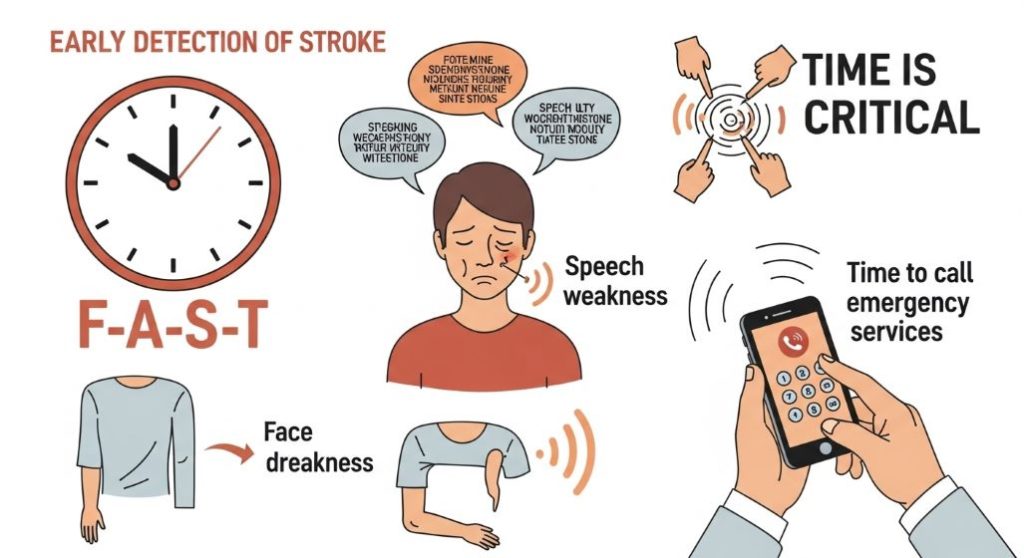 뇌졸중의 주요 전조 증상인 FAST(얼굴 마비, 팔 마비, 언어 장애, 시간)를 시각적으로 표현하여 조기 진단의 중요성을 강조하는 그림