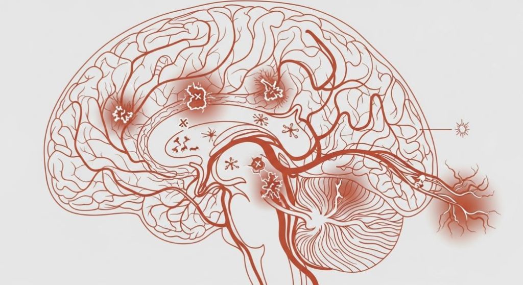뇌졸중의 다양한 유형과 뇌혈관의 복잡성을 보여주는 추상적인 의료 일러스트레이션