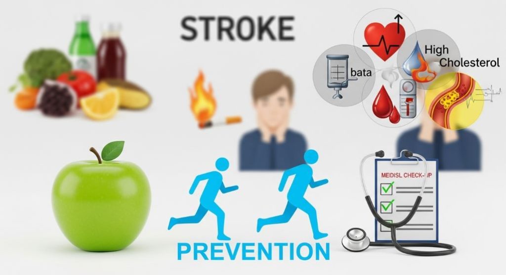 뇌졸중의 주요 위험 요인(흡연, 고혈압, 당뇨 등)과 이를 예방하기 위한 건강한 생활 습관을 대비하여 보여주는 인포그래픽