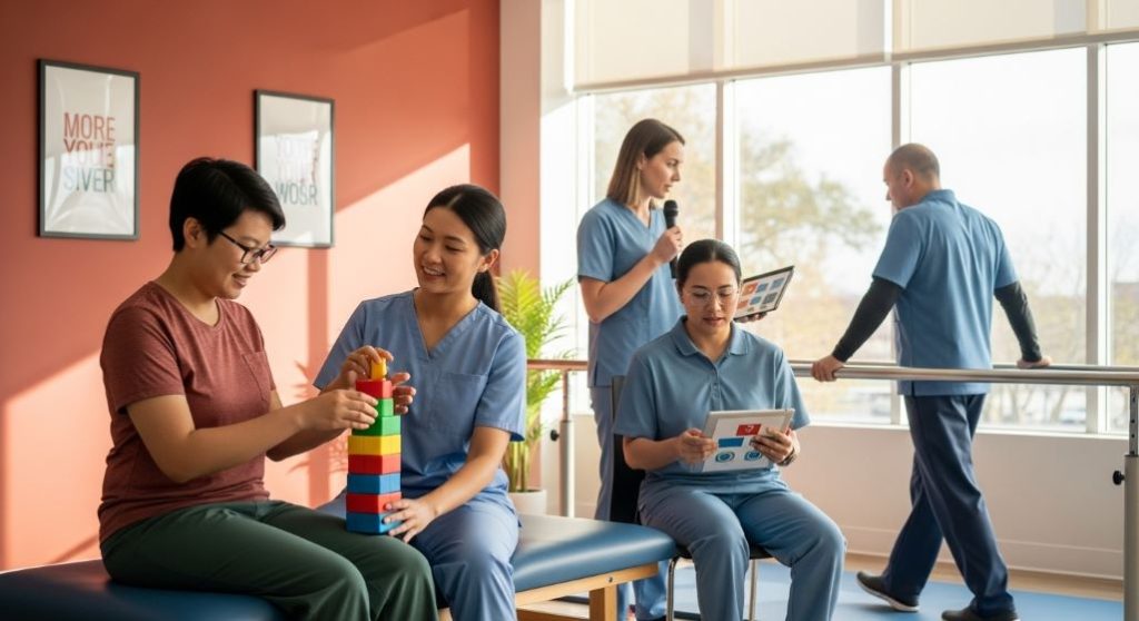 뇌졸중 후 환자가 물리치료, 언어치료 등을 통해 일상생활로 복귀하기 위해 재활하는 과정을 보여주는 희망적인 이미지