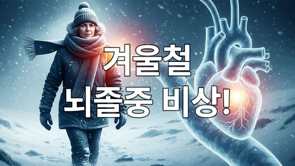 쌀쌀한 겨울 날씨 속에서 따뜻하게 옷을 입고 걸어가는 사람과 배경에 보이는 건강한 혈관 이미지를 통해 겨울철 뇌졸중 예방의 중요성을 강조하는 그림