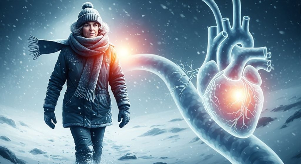 쌀쌀한 겨울 날씨 속에서 따뜻하게 옷을 입고 걸어가는 사람과 배경에 보이는 건강한 혈관 이미지를 통해 겨울철 뇌졸중 예방의 중요성을 강조하는 그림