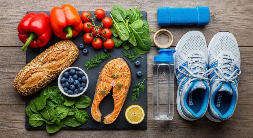 신선한 채소, 과일, 생선과 운동화를 배치하여 건강한 식단과 규칙적인 운동을 통한 뇌졸중 예방을 시각화한 이미지