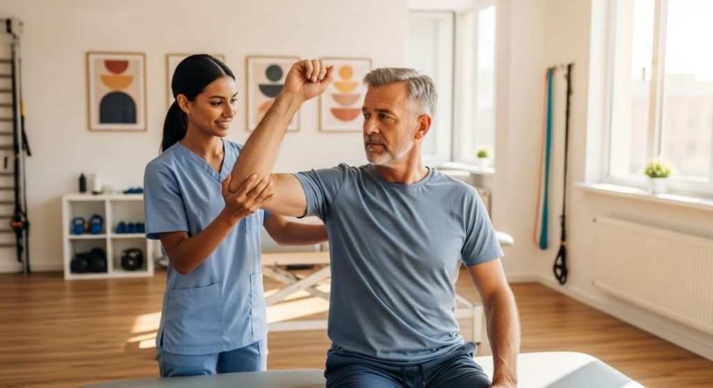 밝은 재활 치료실에서 물리치료사의 도움을 받아 팔 운동을 하는 뇌졸중 환자의 모습, 재활의 중요성을 강조.