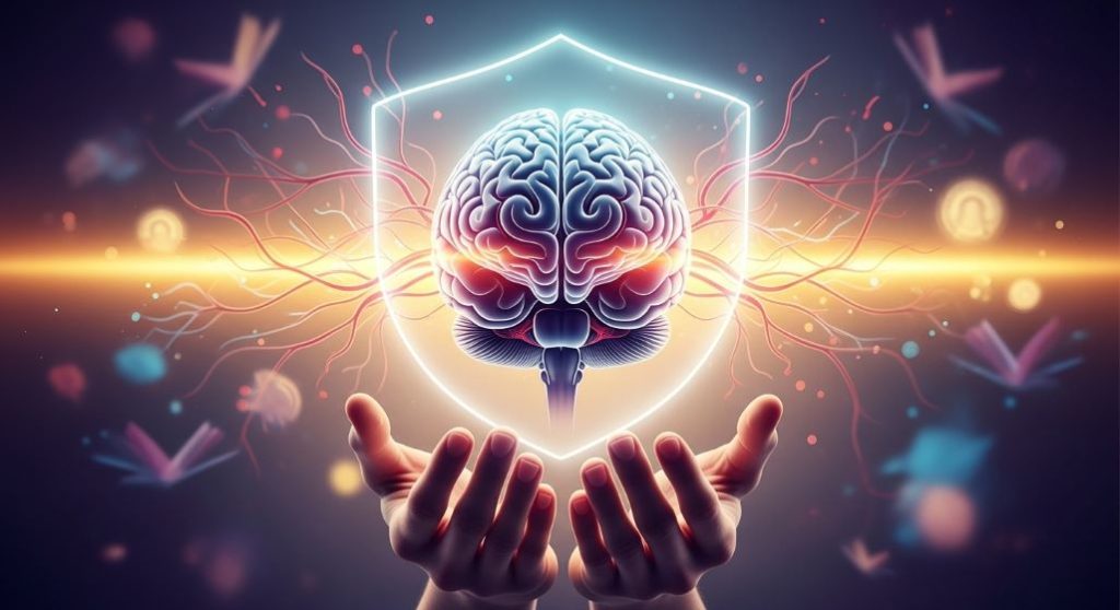 뇌졸중 예방과 건강한 삶을 상징하는, 보호막에 싸인 뇌를 손으로 감싸고 있는 이미지