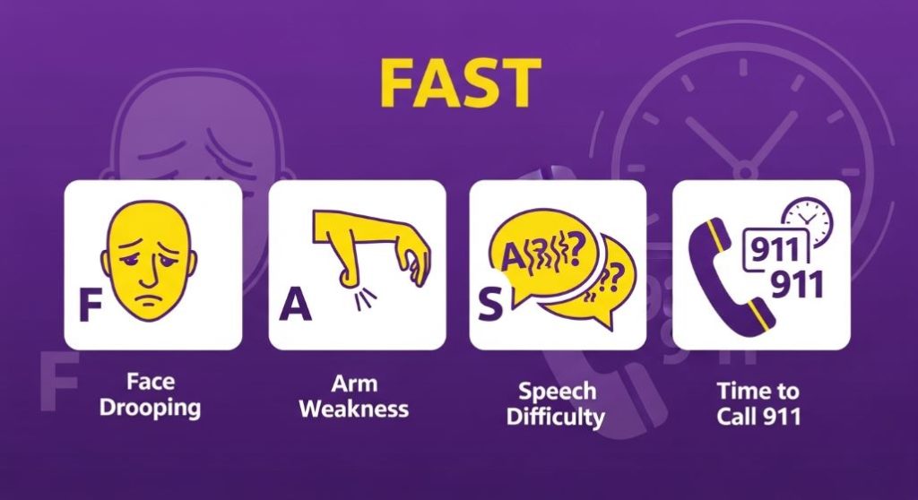 뇌졸중 초기 증상인 FAST(얼굴 마비, 팔 힘 저하, 언어 장애, 시간)를 시각적으로 보여주는 인포그래픽.