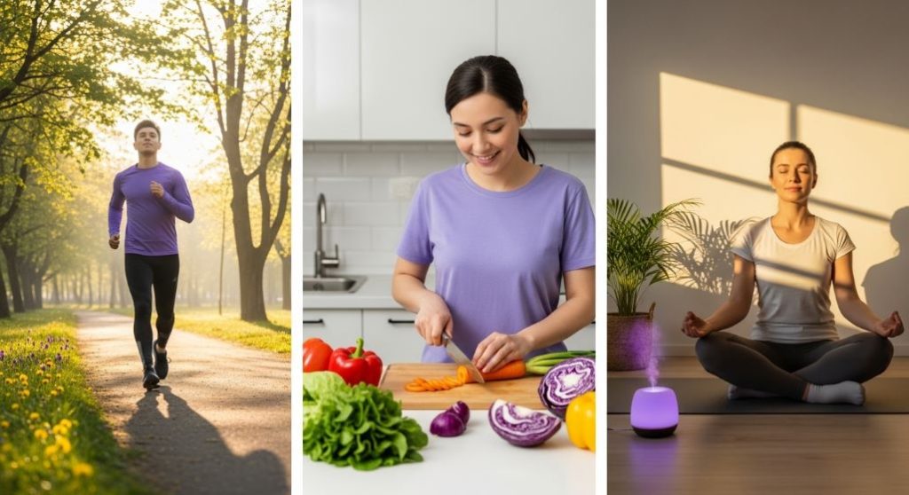 운동, 건강한 식단, 명상을 통해 뇌졸중을 예방하는 건강한 생활 습관을 보여주는 이미지.