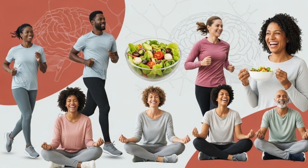40대 이상 중년 남녀들이 조깅, 건강한 식사, 명상 등 활기찬 활동을 통해 뇌졸중을 예방하고 뇌 건강을 지키는 모습