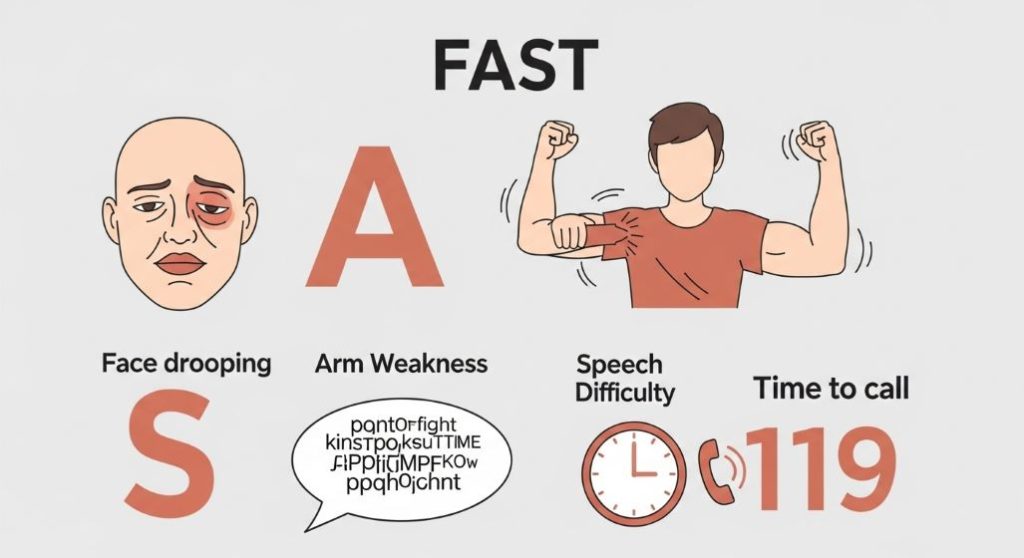 뇌졸중 전조증상 FAST 원칙을 시각적으로 설명하는 인포그래픽: 얼굴 마비, 팔다리 마비, 언어 장애, 즉시 119 전화.