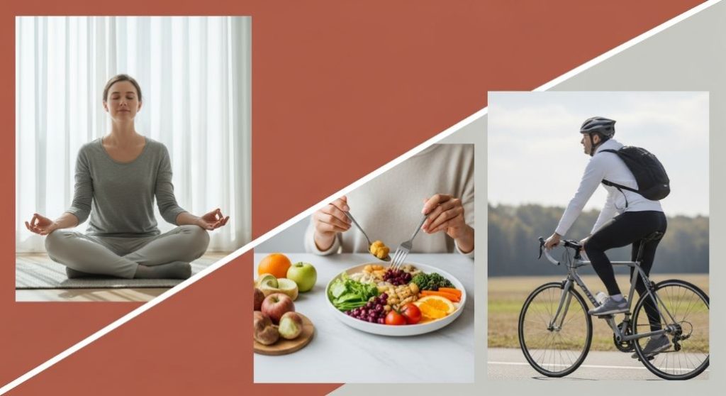 뇌졸중 예방을 위한 건강한 생활 습관을 보여주는 이미지: 명상, 균형 잡힌 식사, 그리고 가벼운 운동을 하는 사람들의 모습.
