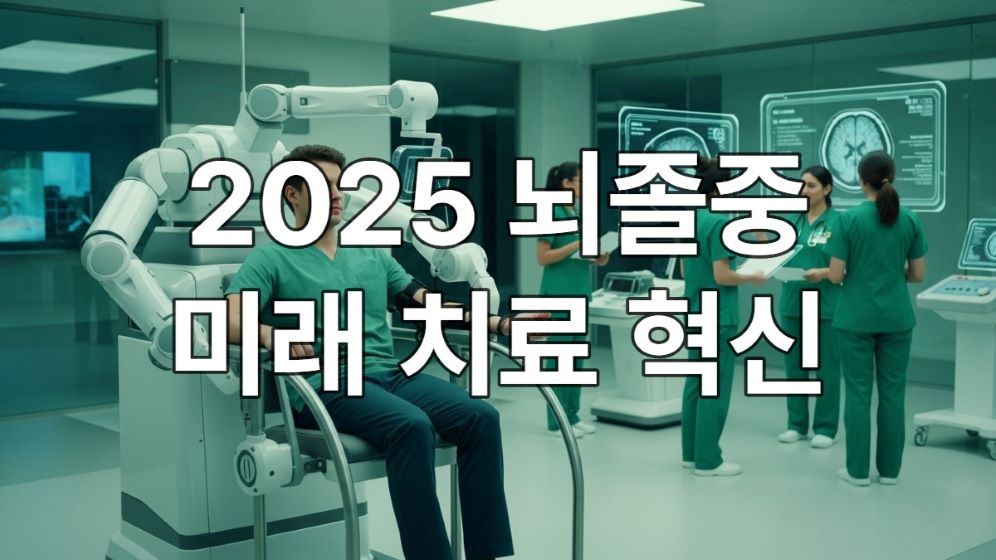 2025년 미래 의료 시설에서 최첨단 재활 로봇이 환자의 팔 재활을 돕고 있으며, 의료진이 뇌 영상을 보며 치료를 논의하는 모습.