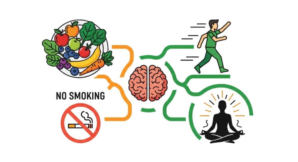 뇌졸중 예방을 위한 건강한 식단, 운동, 금연, 스트레스 관리를 나타내는 현대적인 인포그래픽.