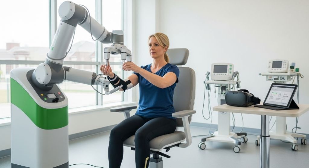 첨단 로봇 팔을 이용해 재활 훈련을 하는 환자의 모습. 로봇이 환자의 움직임을 부드럽게 돕고 있다.