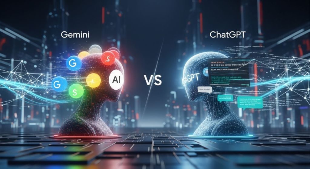 2025년 AI 경쟁의 양대 산맥인 구글 제미나이와 오픈AI 챗GPT가 미래지향적인 디지털 경기장에서 치열하게 대결하는 모습을 시각적으로 표현한 이미지. AI 기술 발전과 업무 혁신을 상징함.