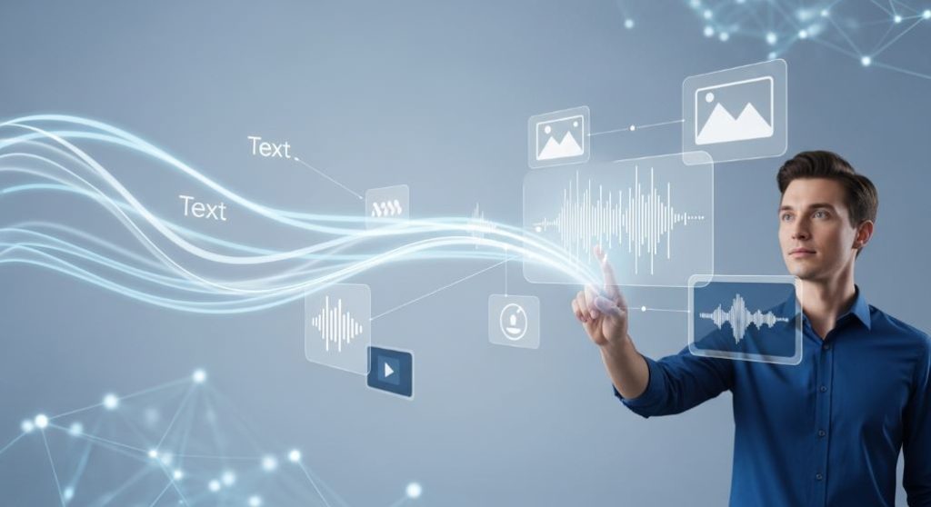 제미나이의 멀티모달 능력을 시각적으로 표현한 그림. 사용자가 홀로그램 인터페이스를 통해 텍스트, 이미지, 오디오, 비디오 등 다양한 데이터를 동시에 분석하고 처리하는 모습.