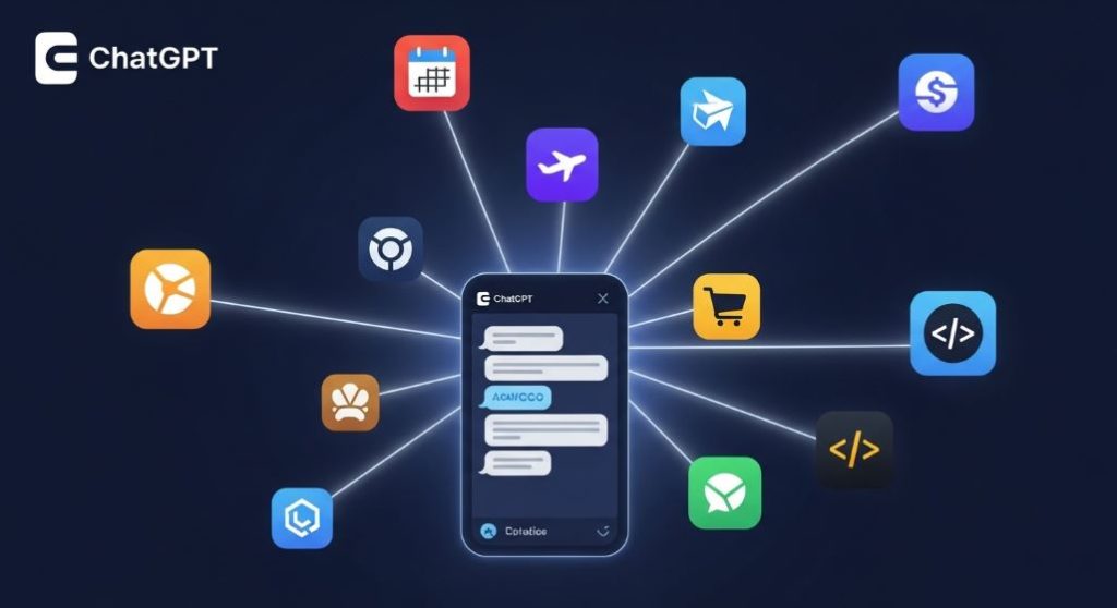 챗GPT의 확장성과 플러그인 생태계를 보여주는 그림. 챗GPT 중심에서 다양한 외부 앱과 서비스로 연결되는 빛의 선들을 통해 기능 확장의 유연성을 표현.