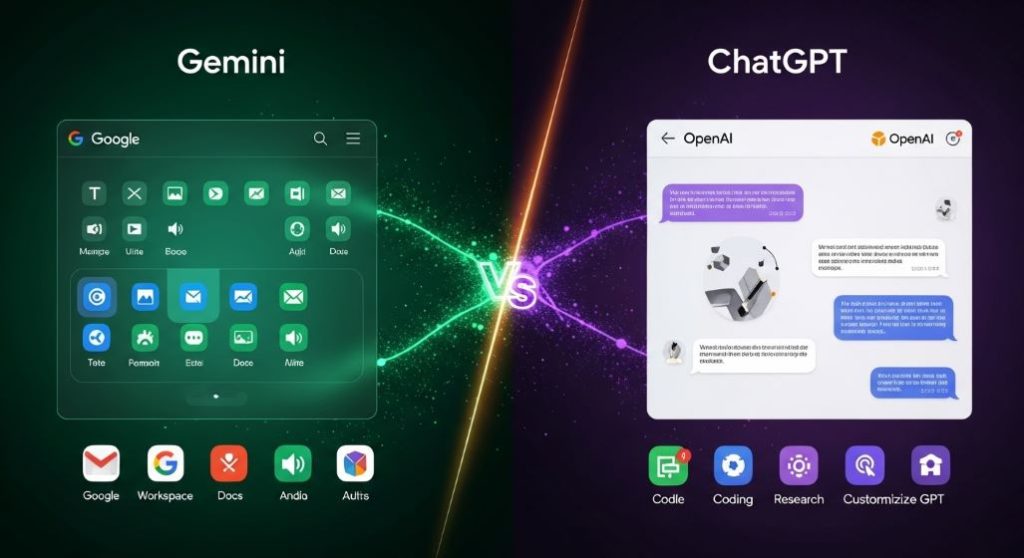 2025년 구글 제미나이와 오픈AI 챗GPT의 핵심 기능과 강점을 비교하는 미래지향적인 이미지. 멀티모달 기능과 구글 생태계 연동을 상징하는 제미나이와 자연어 처리, 코딩, 맞춤형 GPTs를 상징하는 챗GPT가 대조적으로 표현되어 있으며, 두 AI의 시너지와 미래를 보여줍니다.