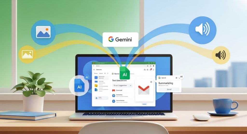 구글 문서, 지메일 등 구글 워크스페이스에 제미나이 AI가 매끄럽게 통합되어 텍스트, 이미지, 영상 처리를 돕는 모습.