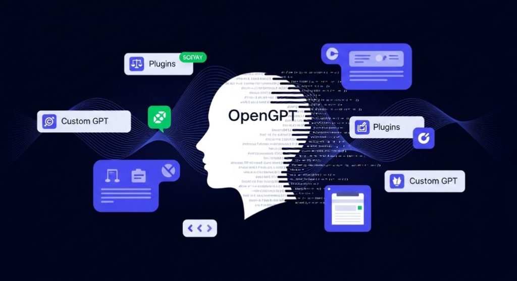 챗GPT가 자연어 이해와 생성을 통해 글쓰기, 코딩, 맞춤형 GPTs를 지원하며 다양한 작업을 돕는 추상적인 이미지.