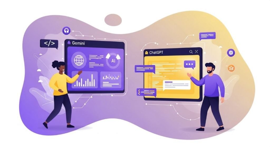 마케터와 개발자가 제미나이와 챗GPT를 활용하여 효율적으로 협업하며 생산성을 높이는 미래적인 모습