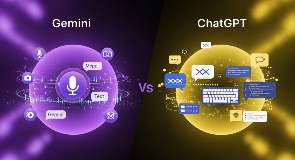 제미나이와 챗GPT의 핵심 기능과 특징을 시각적으로 비교한 이미지
